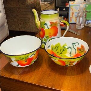 3 old enamel pieces 2 kitchen bowls & pitcher good to fair vintage shape
